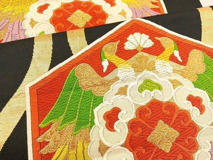 平和屋着物◎六通柄袋帯 唐織 花鳥文 黒地 金糸 正絹 逸品 BAAT5666xa