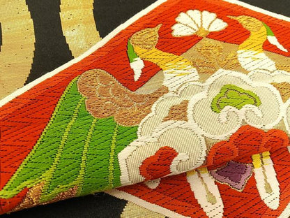 平和屋着物◎六通柄袋帯 唐織 花鳥文 黒地 金糸 正絹 逸品 BAAT5666xa