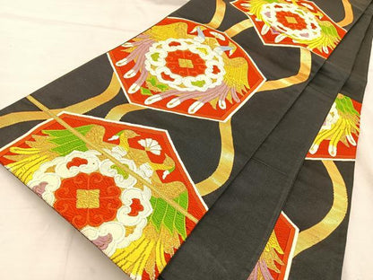 平和屋着物◎六通柄袋帯 唐織 花鳥文 黒地 金糸 正絹 逸品 BAAT5666xa