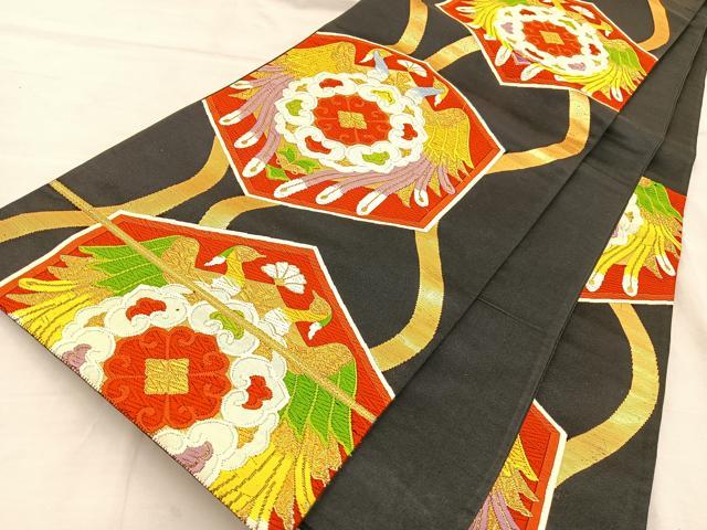 平和屋着物◎六通柄袋帯 唐織 花鳥文 黒地 金糸 正絹 逸品 BAAT5666xa