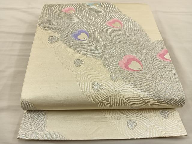 平和屋着物◎六通柄袋帯　唐織　孔雀羽文　銀糸　正絹　逸品　BAAT5684xa