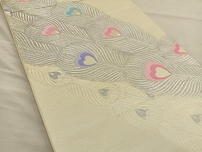 平和屋着物◎六通柄袋帯　唐織　孔雀羽文　銀糸　正絹　逸品　BAAT5684xa