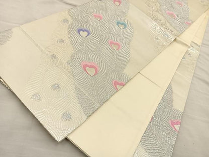 平和屋着物◎六通柄袋帯　唐織　孔雀羽文　銀糸　正絹　逸品　BAAT5684xa