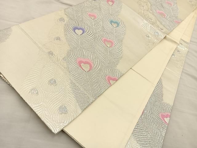 平和屋着物◎六通柄袋帯　唐織　孔雀羽文　銀糸　正絹　逸品　BAAT5684xa