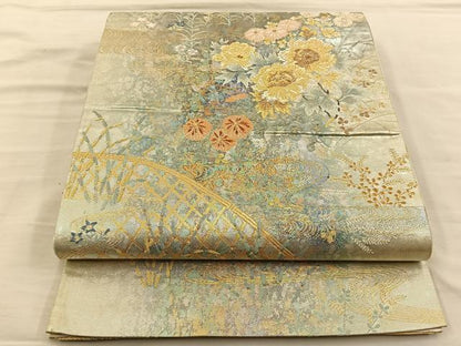 平和屋着物◎六通柄袋帯　流水花文　金糸　引箔　正絹　逸品　BAAT5693xa