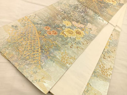 平和屋着物◎六通柄袋帯　流水花文　金糸　引箔　正絹　逸品　BAAT5693xa