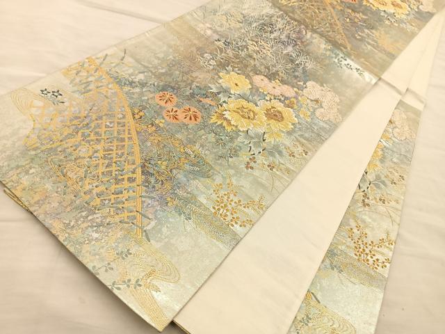 平和屋着物◎六通柄袋帯　流水花文　金糸　引箔　正絹　逸品　BAAT5693xa