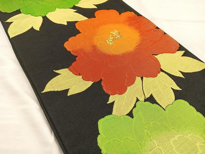 平和屋着物◎六通柄袋帯　草花文　黒地　金糸　正絹　逸品　BAAT5701xa