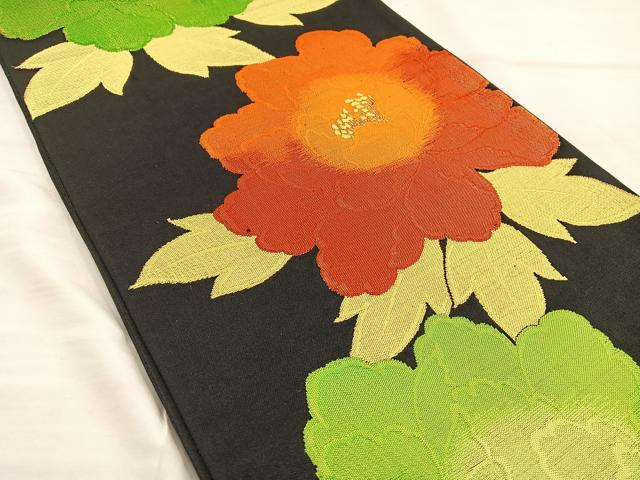 平和屋着物◎六通柄袋帯　草花文　黒地　金糸　正絹　逸品　BAAT5701xa