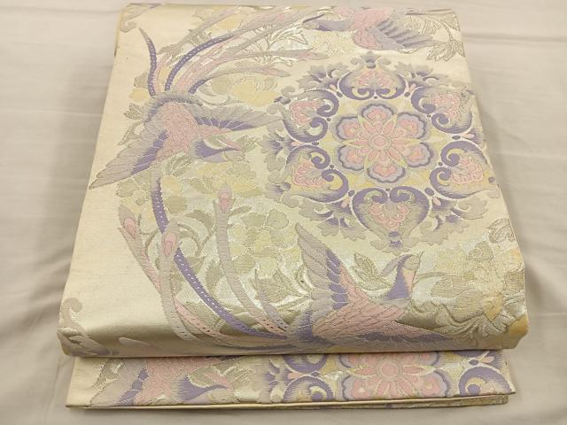 平和屋着物◎六通柄袋帯 唐織 花鳥文 銀糸 正絹 逸品 BAAT5705xa