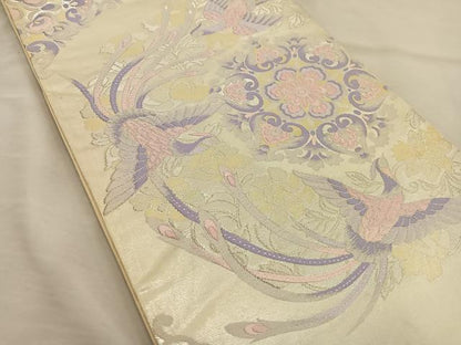 平和屋着物◎六通柄袋帯 唐織 花鳥文 銀糸 正絹 逸品 BAAT5705xa
