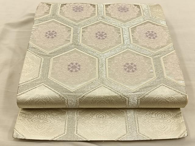 平和屋着物◎六通柄袋帯 唐織 亀甲花文 銀糸 正絹 逸品 BAAT5711xa
