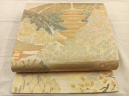 平和屋着物◎六通柄袋帯 風景文 金糸 正絹 逸品 BAAT5713xa