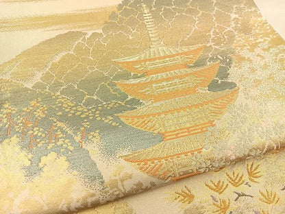 平和屋着物◎六通柄袋帯 風景文 金糸 正絹 逸品 BAAT5713xa