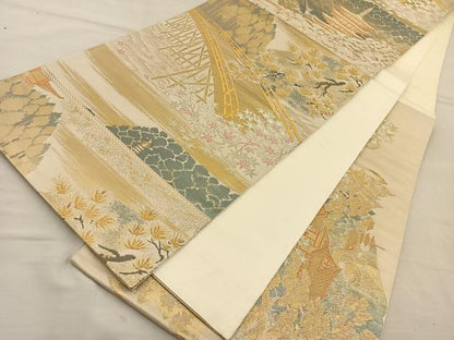平和屋着物◎六通柄袋帯 風景文 金糸 正絹 逸品 BAAT5713xa