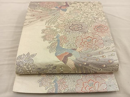 平和屋着物◎六通柄袋帯　唐織　孔雀花文　銀糸　正絹　逸品　BAAT5714xa