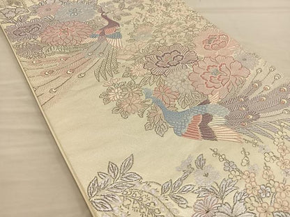 平和屋着物◎六通柄袋帯　唐織　孔雀花文　銀糸　正絹　逸品　BAAT5714xa