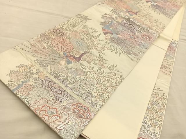 平和屋着物◎六通柄袋帯　唐織　孔雀花文　銀糸　正絹　逸品　BAAT5714xa