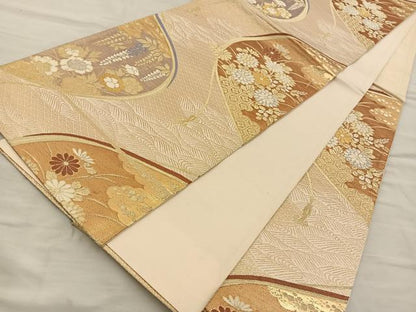 平和屋着物◎六通柄袋帯 唐織 流水花文 金糸 正絹 逸品 BAAT5719xa