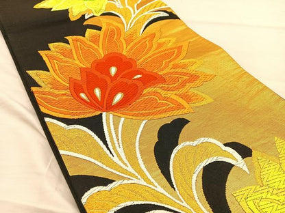 平和屋着物◎六通柄袋帯 唐織 更紗花文 黒地 金糸 正絹 逸品 BAAT5723xa
