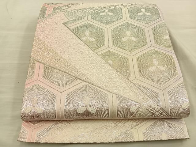 平和屋着物◎六通柄袋帯 唐織 亀甲花文 銀糸 正絹 逸品 BAAT5725xa