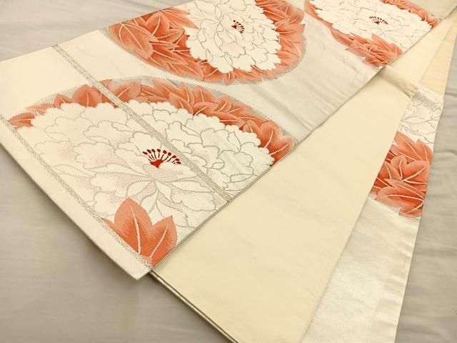 平和屋着物◎六通柄袋帯 唐織 草花文 銀糸 正絹 逸品 BAAT5735xa