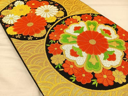 平和屋着物◎六通柄袋帯 唐織 花丸文 黒地 金糸 正絹 逸品 BAAT5780xa