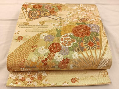 平和屋着物◎六通柄袋帯 唐織 扇面花文 金糸 正絹 逸品 BAAT5793xa