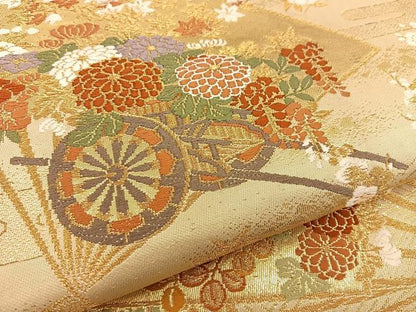 平和屋着物◎六通柄袋帯 唐織 扇面花文 金糸 正絹 逸品 BAAT5793xa