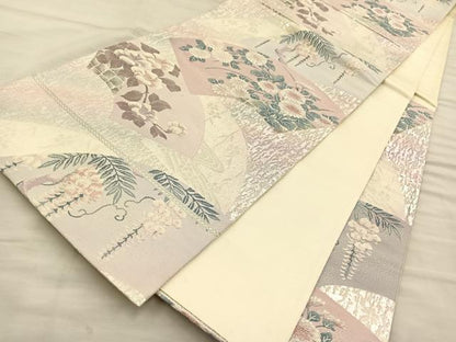 平和屋着物◎六通柄袋帯 唐織 地紙花文 銀糸 正絹 逸品 BAAT5817xa