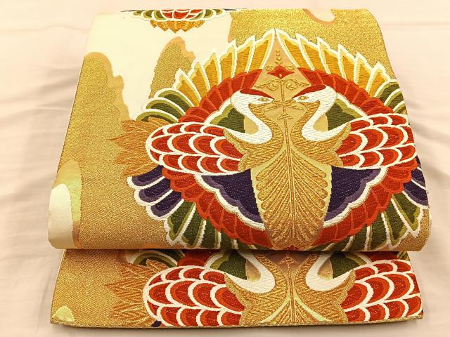 平和屋着物◎六通柄袋帯 唐織 向かい鶴 金糸 正絹 逸品 BAAT5818xa