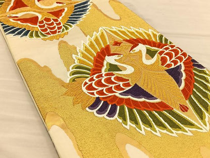 平和屋着物◎六通柄袋帯 唐織 向かい鶴 金糸 正絹 逸品 BAAT5818xa