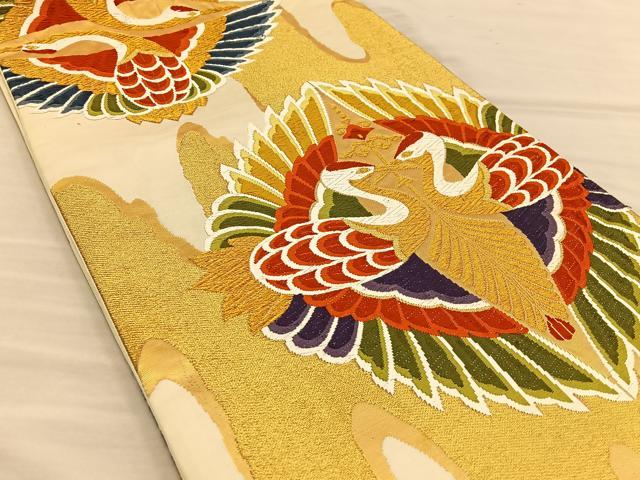 平和屋着物◎六通柄袋帯 唐織 向かい鶴 金糸 正絹 逸品 BAAT5818xa