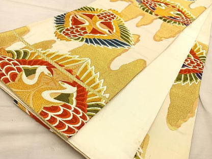 平和屋着物◎六通柄袋帯 唐織 向かい鶴 金糸 正絹 逸品 BAAT5818xa