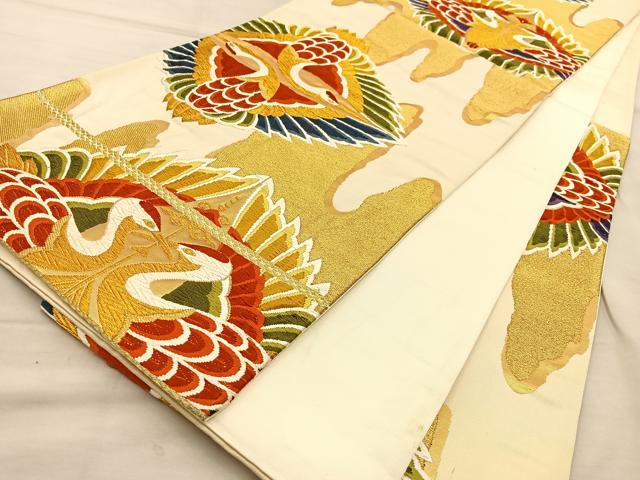 平和屋着物◎六通柄袋帯 唐織 向かい鶴 金糸 正絹 逸品 BAAT5818xa