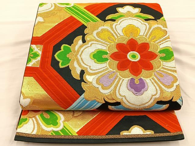 平和屋着物◎六通柄袋帯 唐織 蜀江花文 黒地 金糸 正絹 逸品 BAAT5823xa