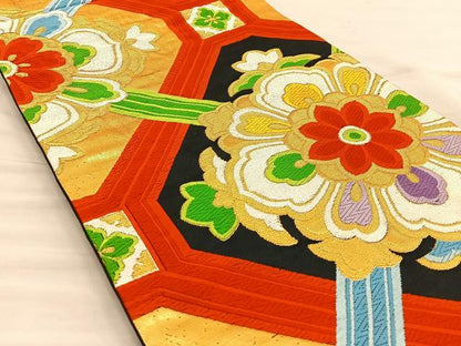 平和屋着物◎六通柄袋帯 唐織 蜀江花文 黒地 金糸 正絹 逸品 BAAT5823xa
