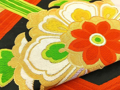 平和屋着物◎六通柄袋帯 唐織 蜀江花文 黒地 金糸 正絹 逸品 BAAT5823xa