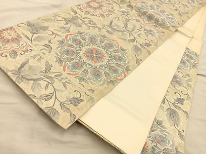 平和屋着物◎六通柄袋帯 唐織 更紗花文 銀糸 正絹 逸品 BAAT5833xa