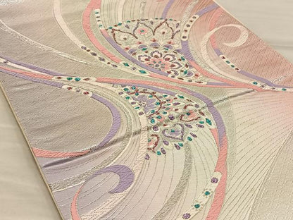 平和屋着物◎六通柄袋帯　唐織　孔雀花文　銀糸　正絹　逸品　BAAT5839xa