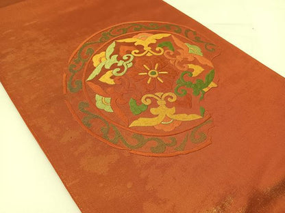 平和屋着物◎太鼓柄袋帯 総刺繍 花絵皿 引箔 正絹 逸品 BAAT5914yc
