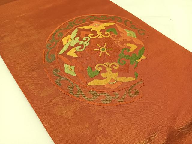 平和屋着物◎太鼓柄袋帯 総刺繍 花絵皿 引箔 正絹 逸品 BAAT5914yc