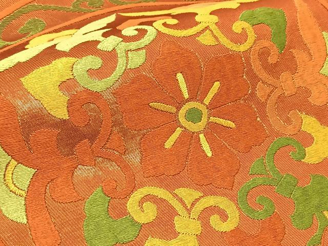 平和屋着物◎太鼓柄袋帯 総刺繍 花絵皿 引箔 正絹 逸品 BAAT5914yc