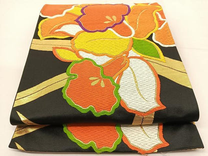 平和屋着物◎六通柄袋帯 唐織 カトレア 黒地 金糸 正絹 逸品 BAAT5920yc
