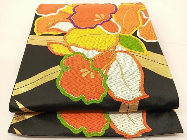 平和屋着物◎六通柄袋帯 唐織 カトレア 黒地 金糸 正絹 逸品 BAAT5920yc