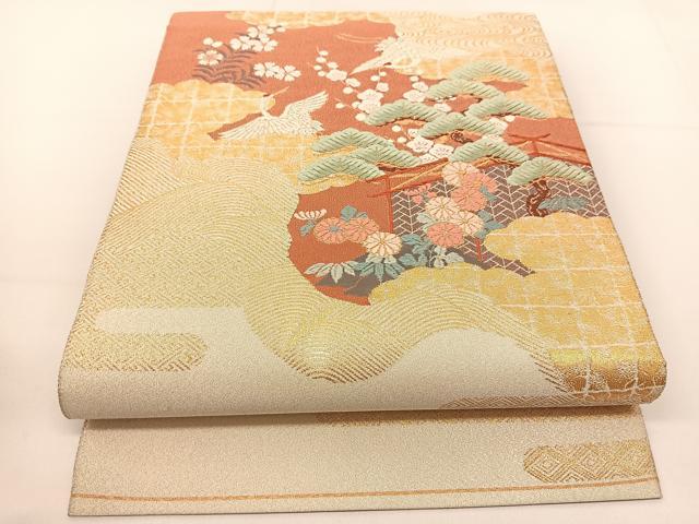 平和屋着物◎太鼓柄袋帯 唐織 雲重ね飛鶴花文 金銀糸 正絹 逸品 BAAT5921yc