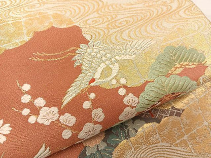 平和屋着物◎太鼓柄袋帯 唐織 雲重ね飛鶴花文 金銀糸 正絹 逸品 BAAT5921yc