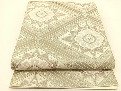 平和屋着物◎六通柄袋帯 唐織 菱天井花文 銀糸 正絹 逸品 BAAT5971yc