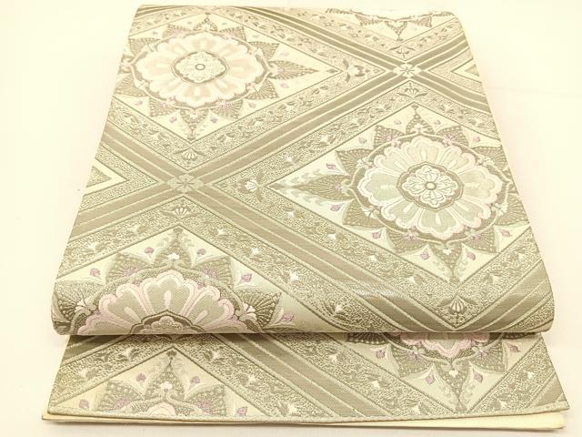 平和屋着物◎六通柄袋帯 唐織 菱天井花文 銀糸 正絹 逸品 BAAT5971yc