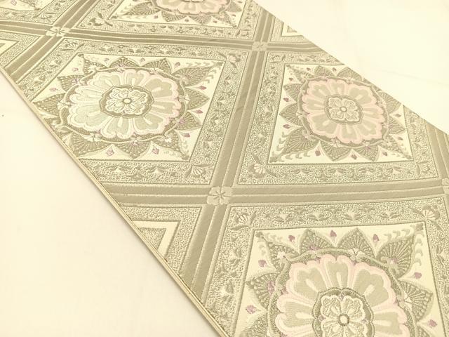 平和屋着物◎六通柄袋帯 唐織 菱天井花文 銀糸 正絹 逸品 BAAT5971yc